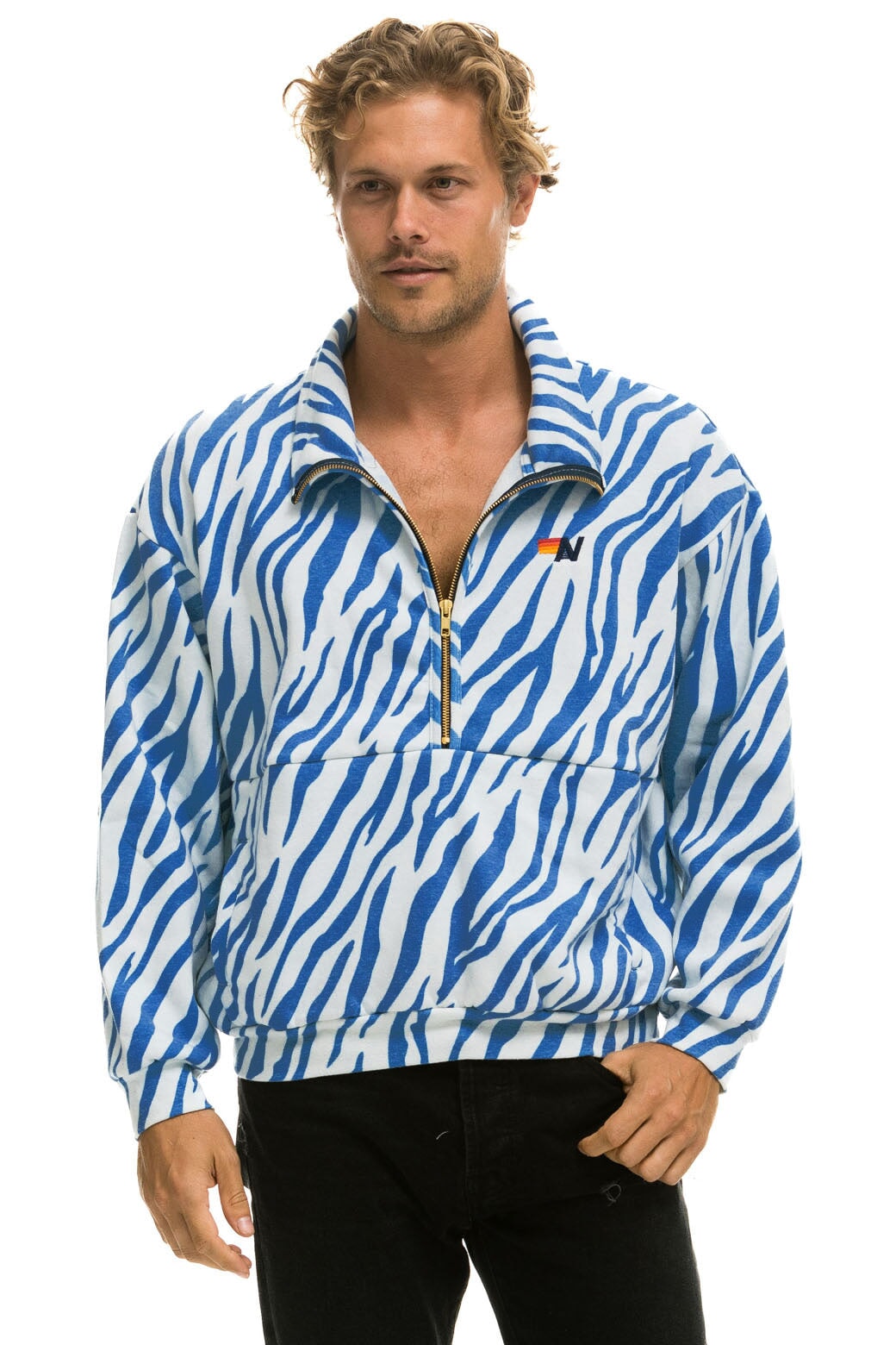 Aviator Nation TIGER FLEECE UNISEX HALF ZIP JACKET	- BLUE TIGER