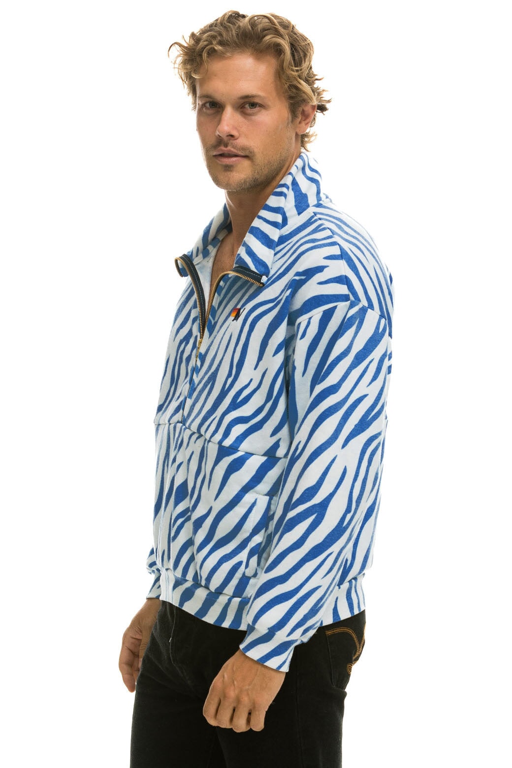 Aviator Nation TIGER FLEECE UNISEX HALF ZIP JACKET	- BLUE TIGER