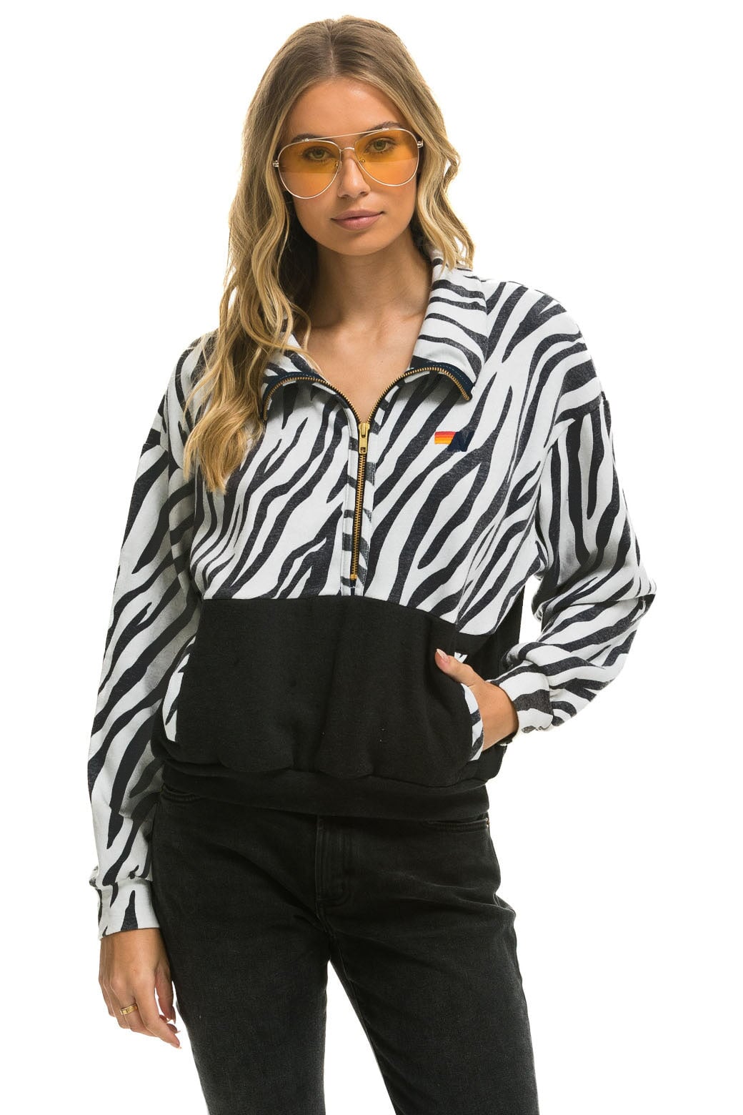 Aviator Nation ZEBRA FLEECE UNISEX HALF ZIP COLOR BLOCK JACKET - ZEBRA