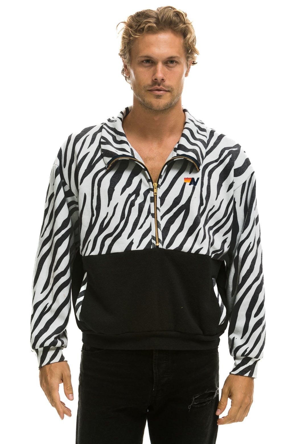 Aviator Nation ZEBRA FLEECE UNISEX HALF ZIP COLOR BLOCK JACKET - ZEBRA