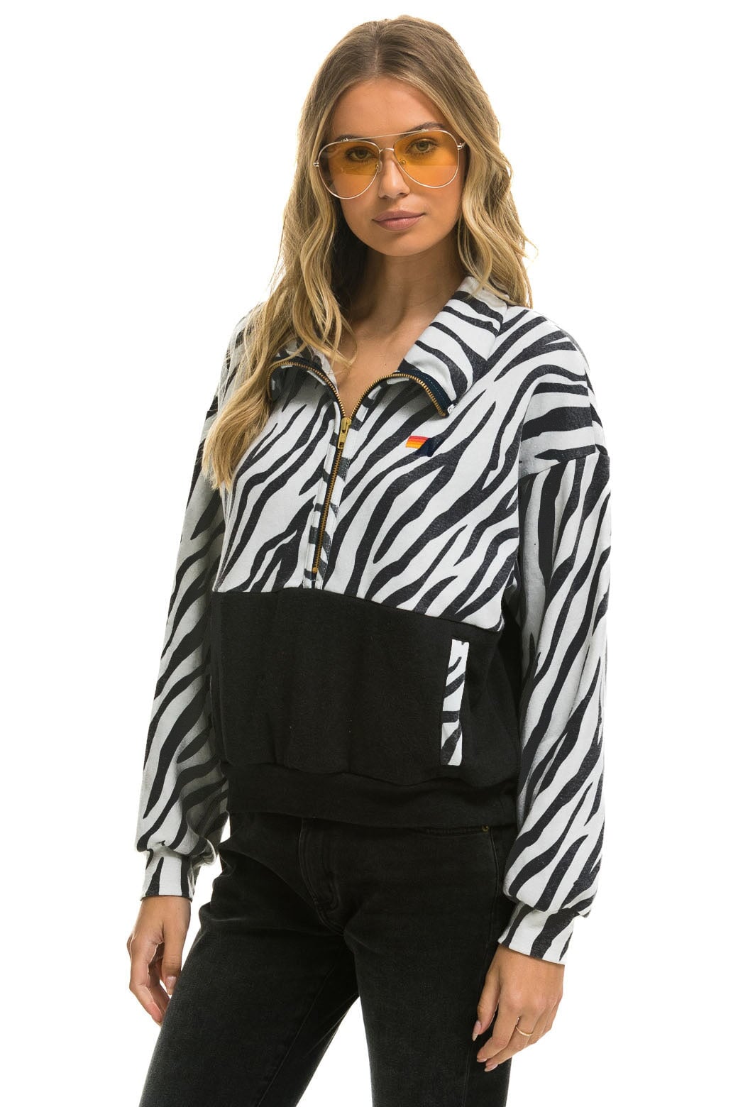 Aviator Nation ZEBRA FLEECE UNISEX HALF ZIP COLOR BLOCK JACKET - ZEBRA