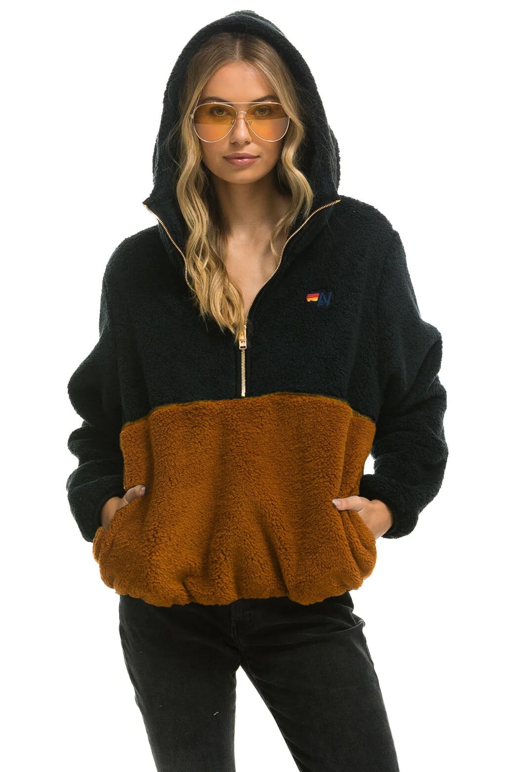 Aviator Nation TEDDY UNISEX HOODED HALF ZIP COLOR BLOCK JACKET - BLACK
