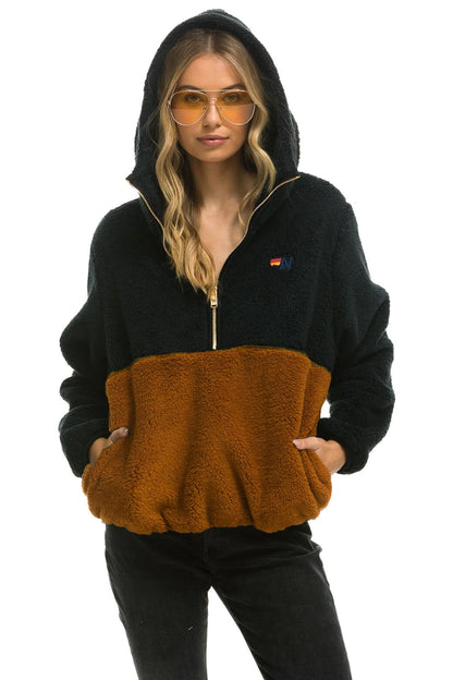 Aviator Nation TEDDY UNISEX HOODED HALF ZIP COLOR BLOCK JACKET - BLACK