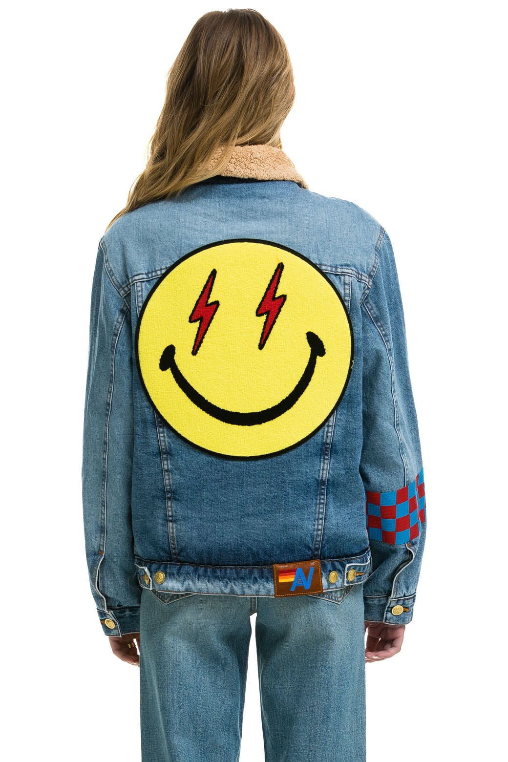 Aviator Nation SMALL STOKED BOLT SMILEY RANCH SHERPA DENIM JACKET - SUPER LIGHT