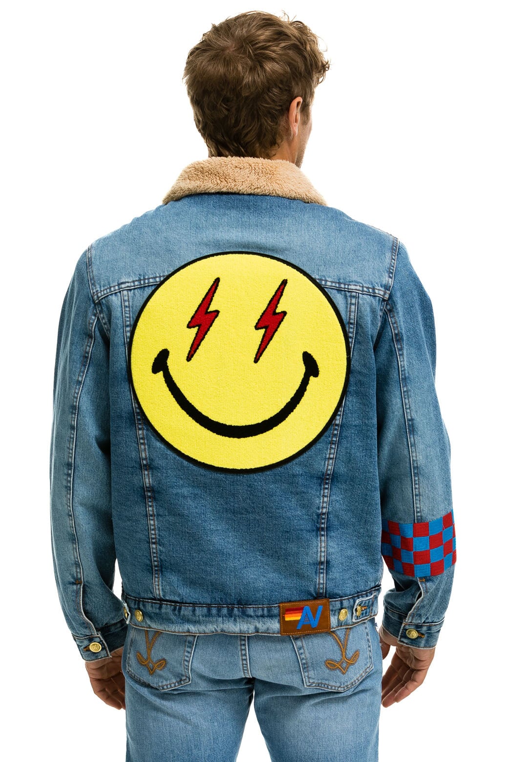 Aviator Nation SMALL STOKED BOLT SMILEY RANCH SHERPA DENIM JACKET - SUPER LIGHT