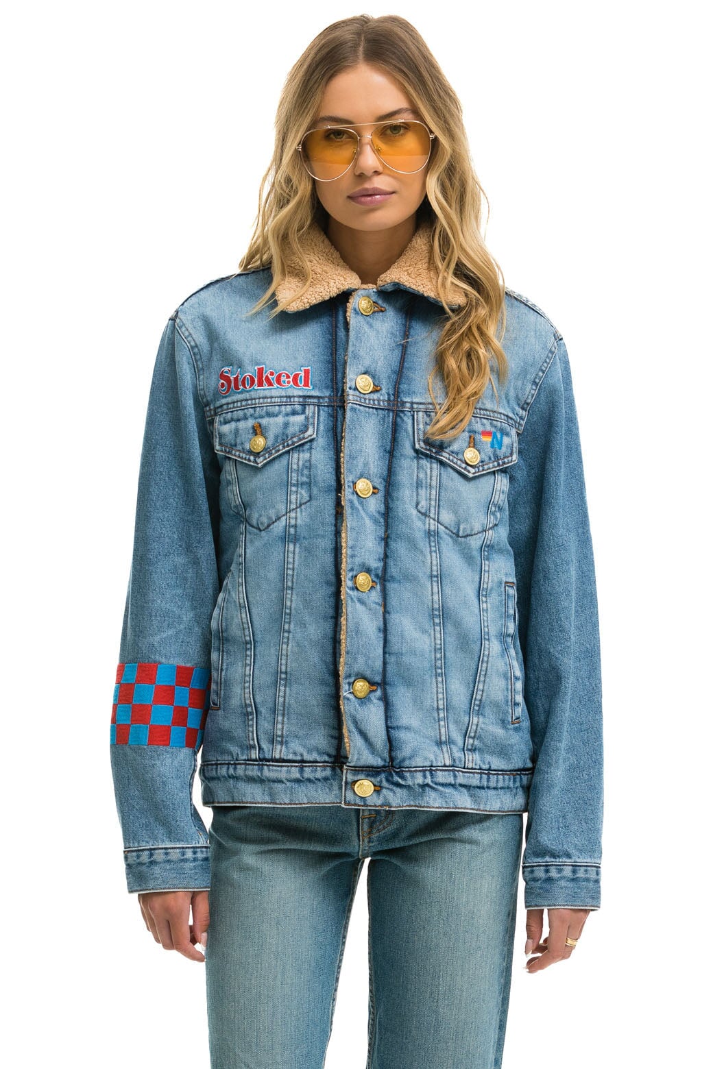 Aviator Nation SMALL STOKED BOLT SMILEY RANCH SHERPA DENIM JACKET - SUPER LIGHT