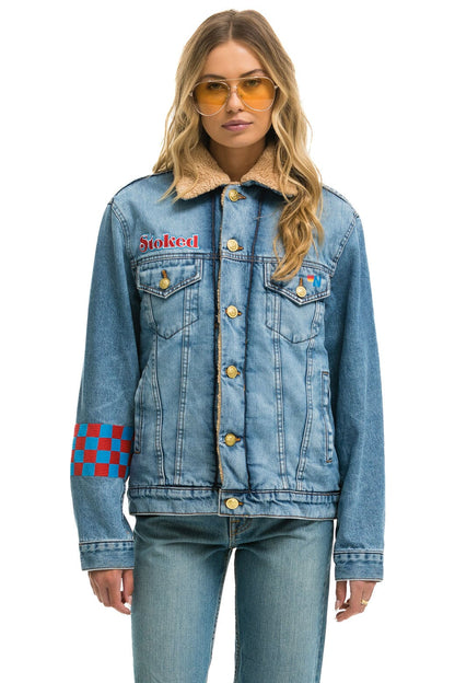 Aviator Nation SMALL STOKED BOLT SMILEY RANCH SHERPA DENIM JACKET - SUPER LIGHT