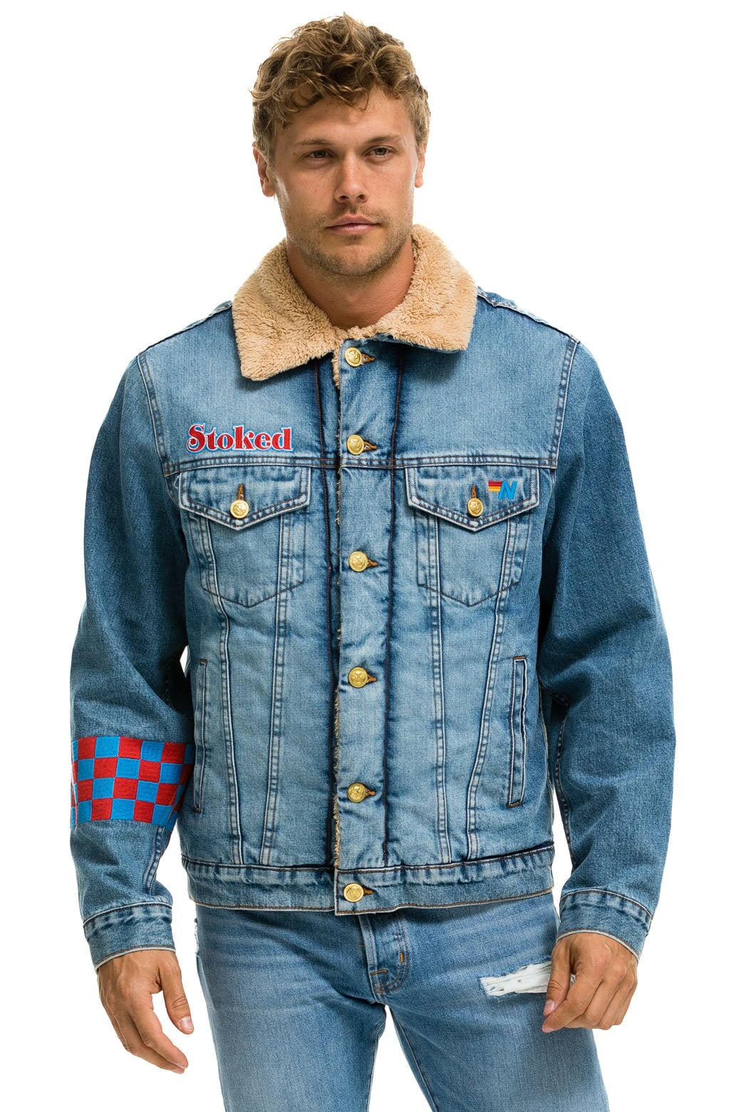 Aviator Nation SMALL STOKED BOLT SMILEY RANCH SHERPA DENIM JACKET - SUPER LIGHT
