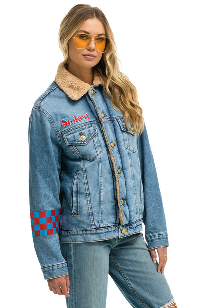 Aviator Nation SMALL STOKED BOLT SMILEY RANCH SHERPA DENIM JACKET - SUPER LIGHT