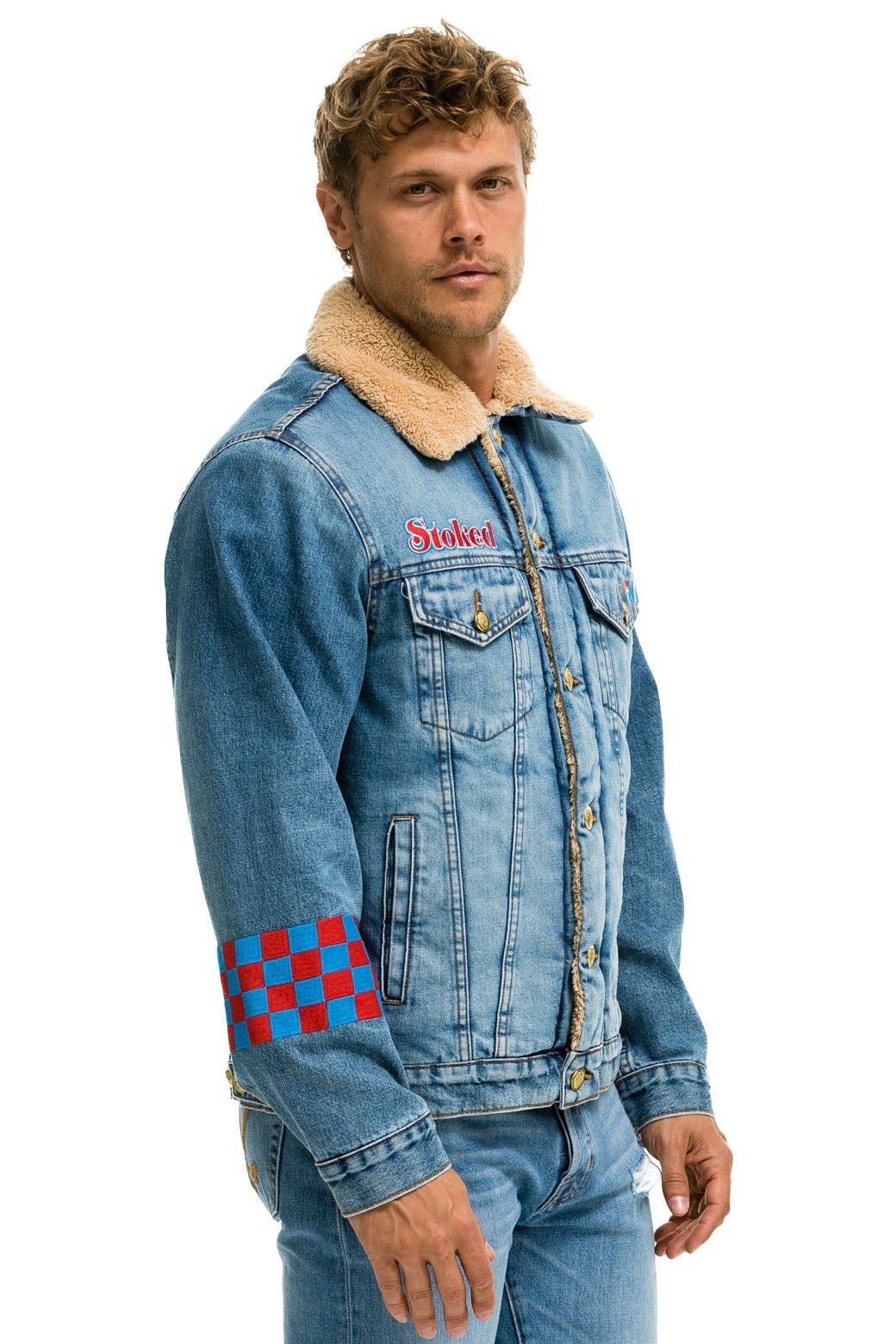 Aviator Nation SMALL STOKED BOLT SMILEY RANCH SHERPA DENIM JACKET - SUPER LIGHT