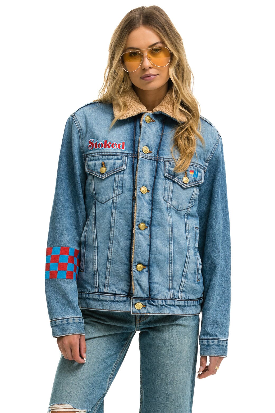 Aviator Nation SMALL STOKED BOLT SMILEY RANCH SHERPA DENIM JACKET - SUPER LIGHT