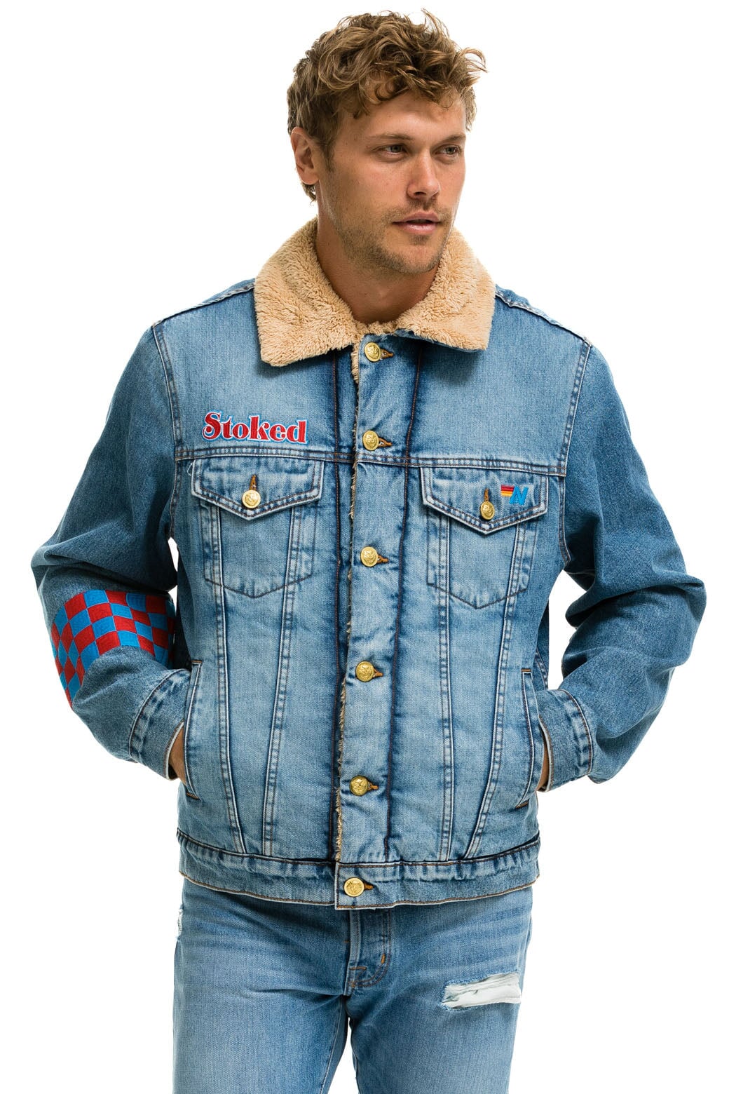 Aviator Nation SMALL STOKED BOLT SMILEY RANCH SHERPA DENIM JACKET - SUPER LIGHT