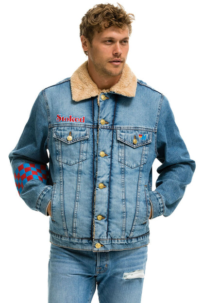 Aviator Nation SMALL STOKED BOLT SMILEY RANCH SHERPA DENIM JACKET - SUPER LIGHT