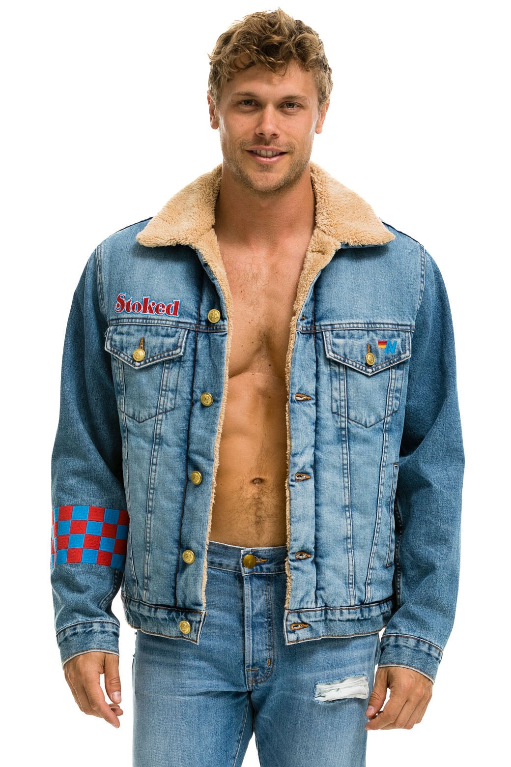 Aviator Nation SMALL STOKED BOLT SMILEY RANCH SHERPA DENIM JACKET - SUPER LIGHT