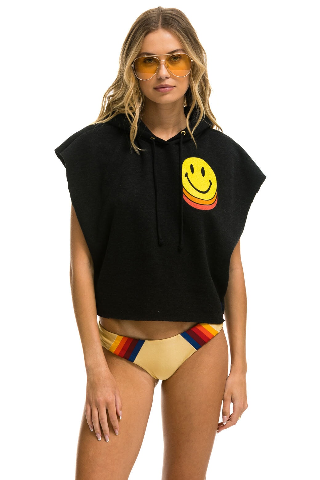 Aviator Nation SMILEY SUNSET SLEEVELESS RELAXED CROPPED PULLOVER HOODIE - BLACK