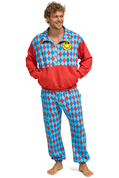 Aviator Nation DIAMOND SMILEY 2 FLEECE HALF ZIP COLOR BLOCK SWEATSHIRT - RED // SKY