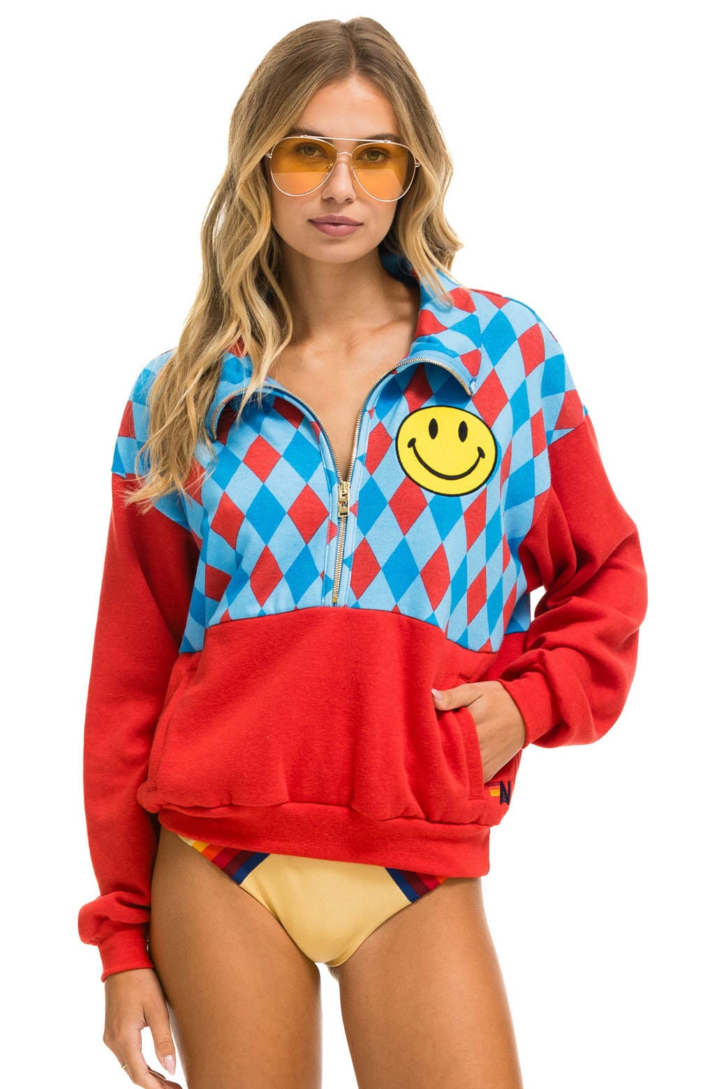 Aviator Nation DIAMOND SMILEY 2 FLEECE HALF ZIP COLOR BLOCK SWEATSHIRT - RED // SKY