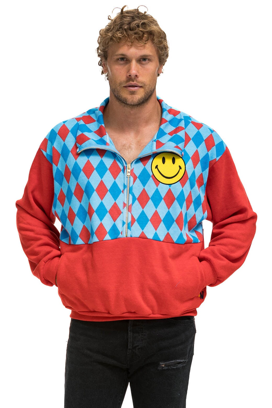 Aviator Nation DIAMOND SMILEY 2 FLEECE HALF ZIP COLOR BLOCK SWEATSHIRT - RED // SKY