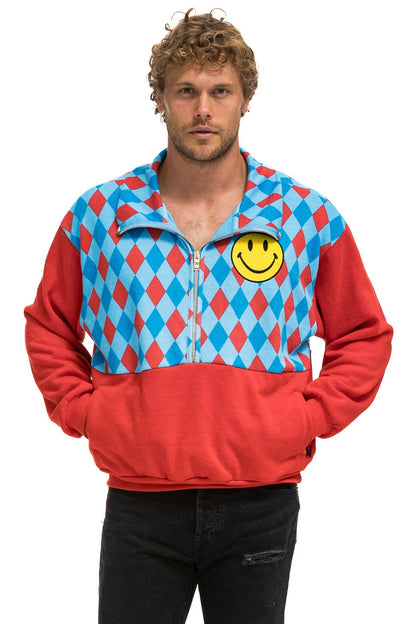 Aviator Nation DIAMOND SMILEY 2 FLEECE HALF ZIP COLOR BLOCK SWEATSHIRT - RED // SKY