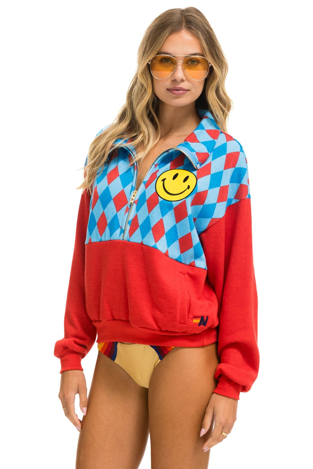 Aviator Nation DIAMOND SMILEY 2 FLEECE HALF ZIP COLOR BLOCK SWEATSHIRT - RED // SKY