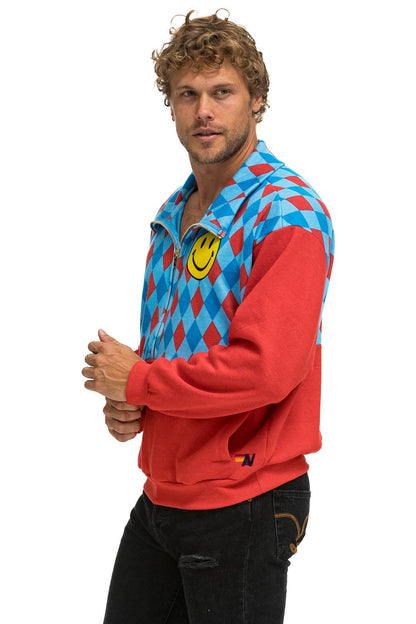 Aviator Nation DIAMOND SMILEY 2 FLEECE HALF ZIP COLOR BLOCK SWEATSHIRT - RED // SKY