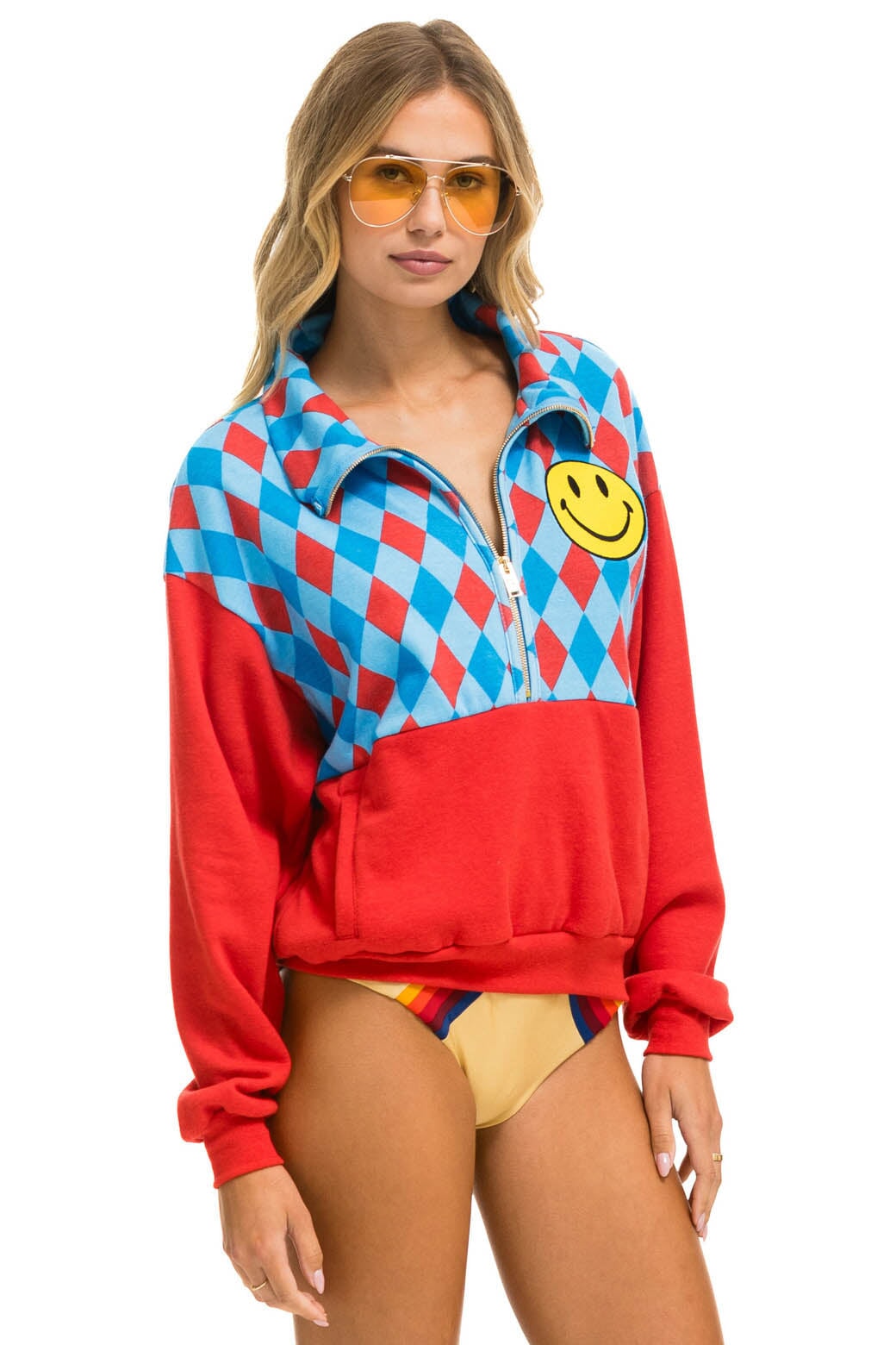 Aviator Nation DIAMOND SMILEY 2 FLEECE HALF ZIP COLOR BLOCK SWEATSHIRT - RED // SKY