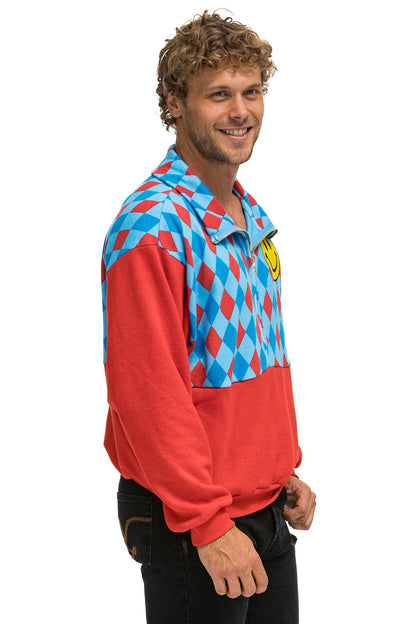 Aviator Nation DIAMOND SMILEY 2 FLEECE HALF ZIP COLOR BLOCK SWEATSHIRT - RED // SKY
