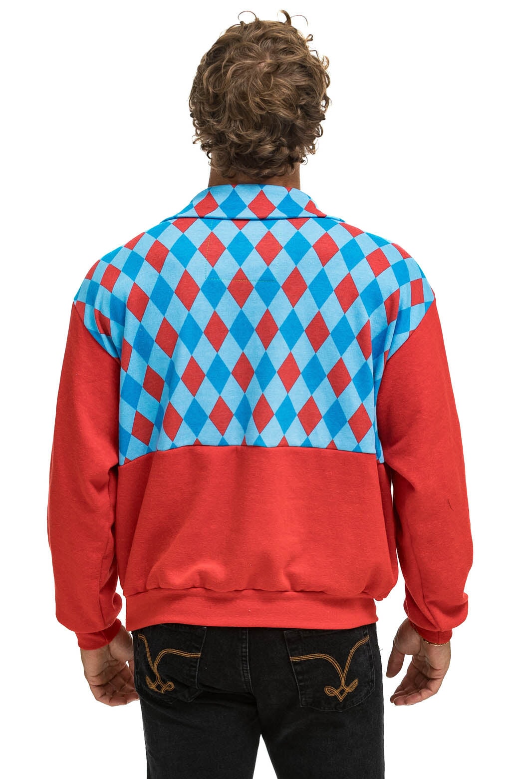 Aviator Nation DIAMOND SMILEY 2 FLEECE HALF ZIP COLOR BLOCK SWEATSHIRT - RED // SKY