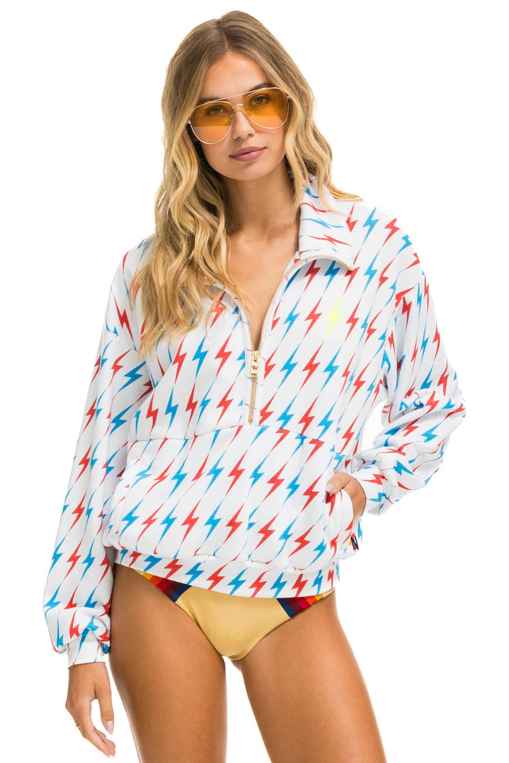 Aviator Nation AVIATOR BOLT W/ BOLT EMBROIDERY FLEECE HALF ZIP SWEATSHIRT - WHITE // USA