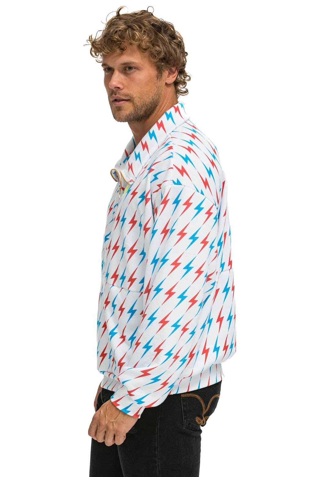 Aviator Nation AVIATOR BOLT W/ BOLT EMBROIDERY FLEECE HALF ZIP SWEATSHIRT - WHITE // USA