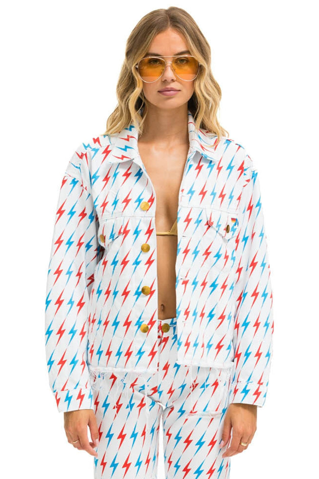 Aviator Nation AVIATOR BOLT OVERSIZED CUTOFF DENIM JACKET - WHITE