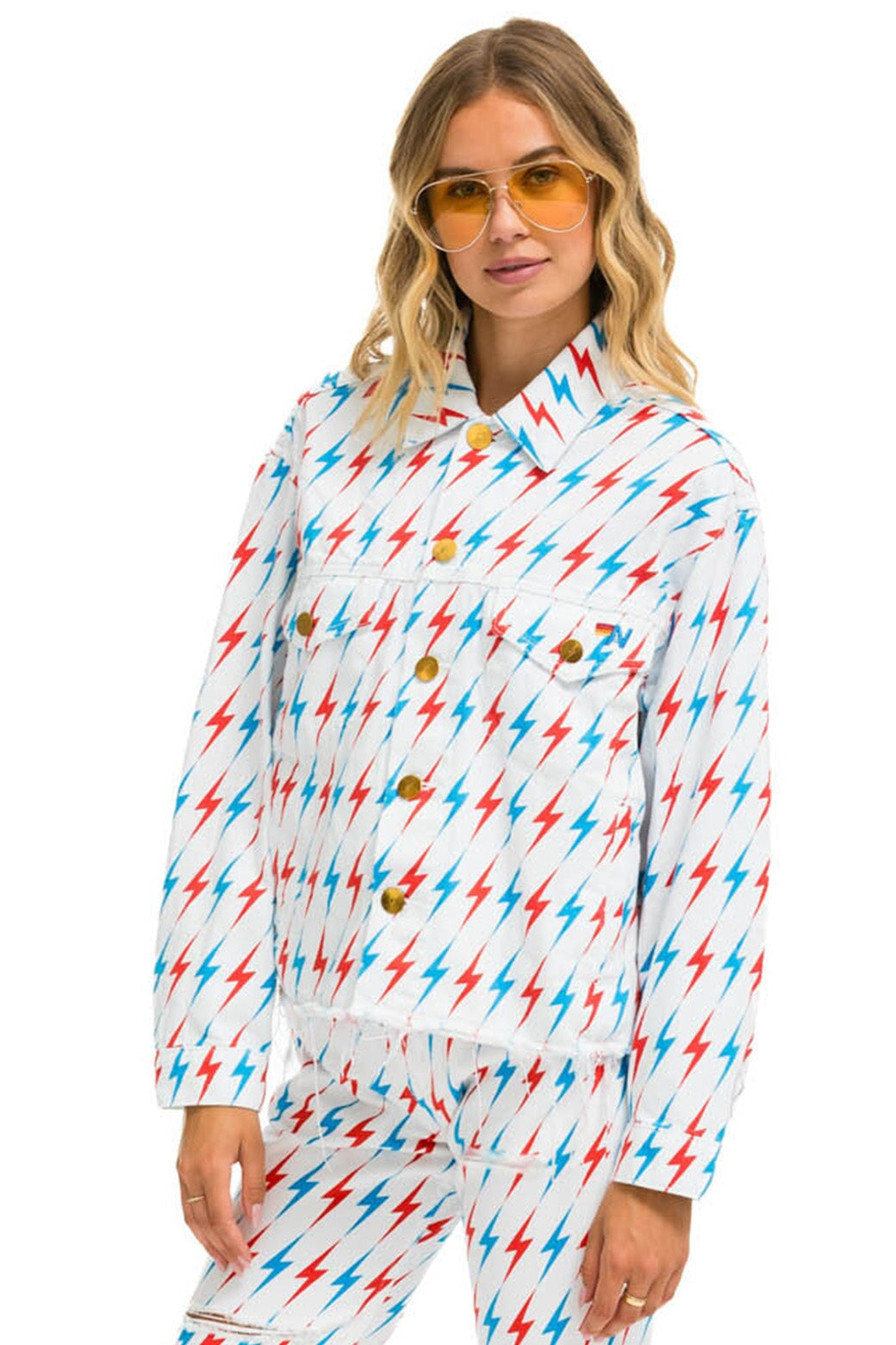 Aviator Nation AVIATOR BOLT OVERSIZED CUTOFF DENIM JACKET - WHITE