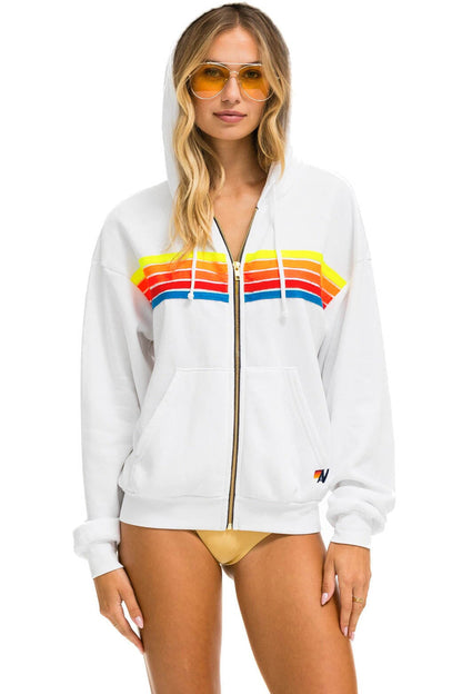 Aviator Nation 5 STRIPE RELAXED ZIP HOODIE - WHITE // NEON RAINBOW