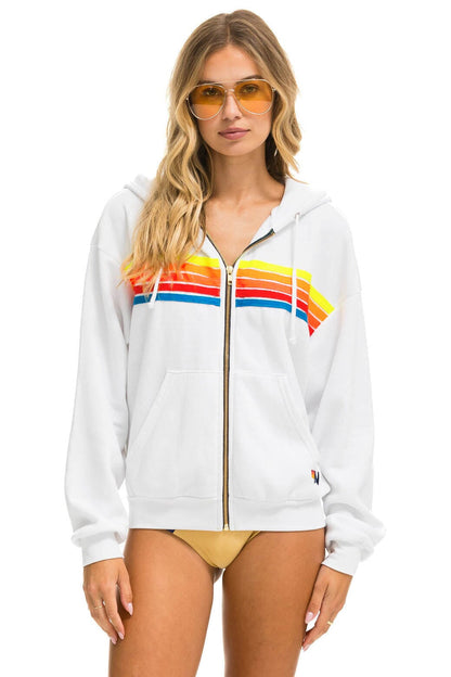 Aviator Nation 5 STRIPE RELAXED ZIP HOODIE - WHITE // NEON RAINBOW