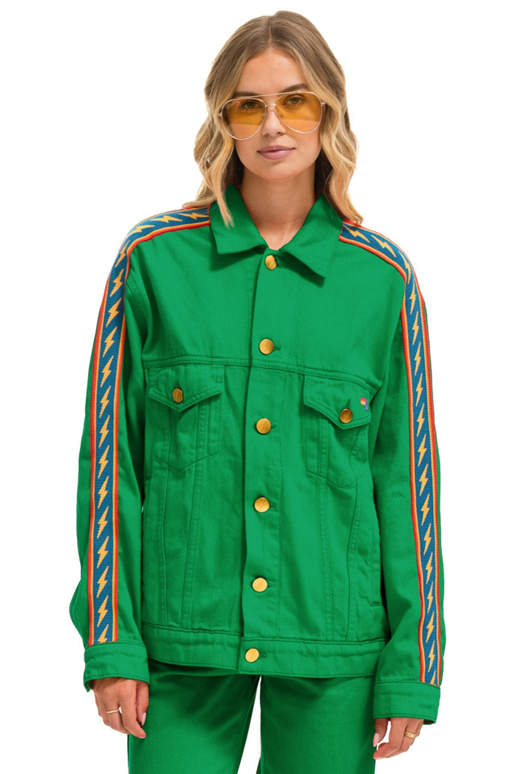 Aviator Nation BOLT STRIPE OVERSIZED CONCERT DENIM JACKET - KELLY GREEN