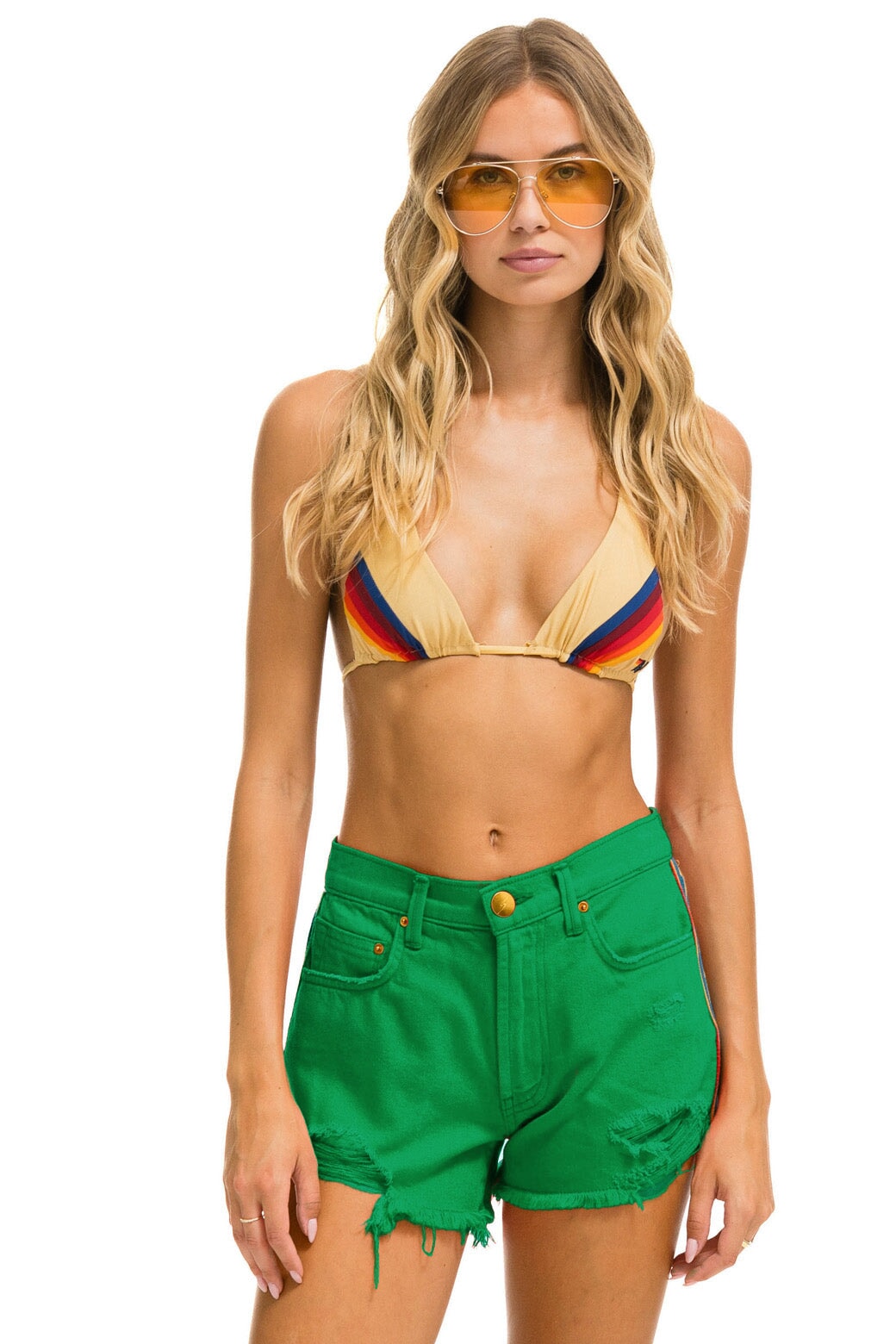 Aviator Nation BOLT STRIPE BOYFRIEND CUTOFF JEAN SHORTS - KELLY GREEN