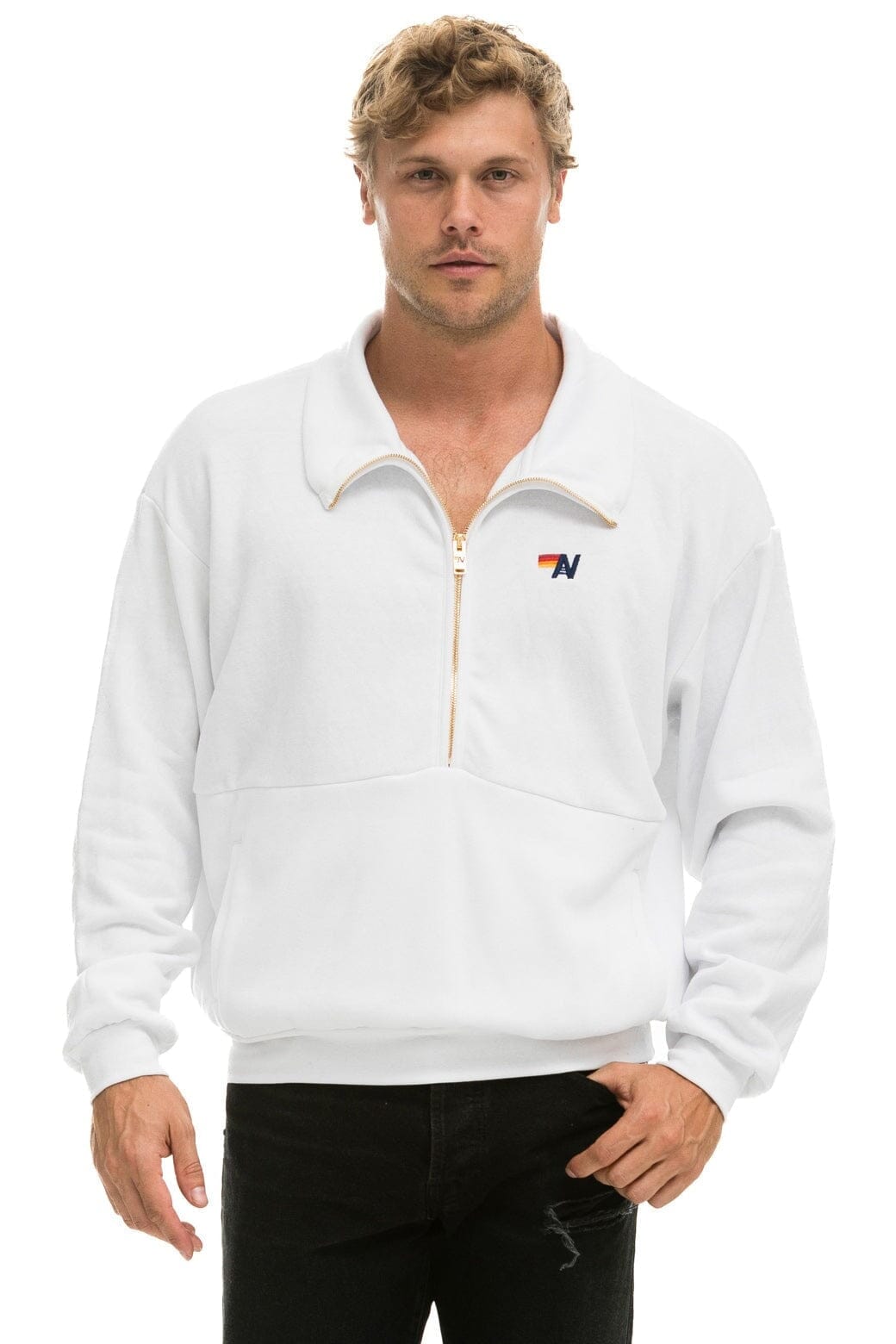 Aviator Nation LOGO EMBROIDERY HALF ZIP SWEATSHIRT - WHITE