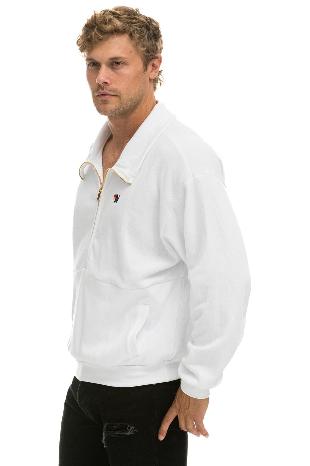 Aviator Nation LOGO EMBROIDERY HALF ZIP SWEATSHIRT - WHITE