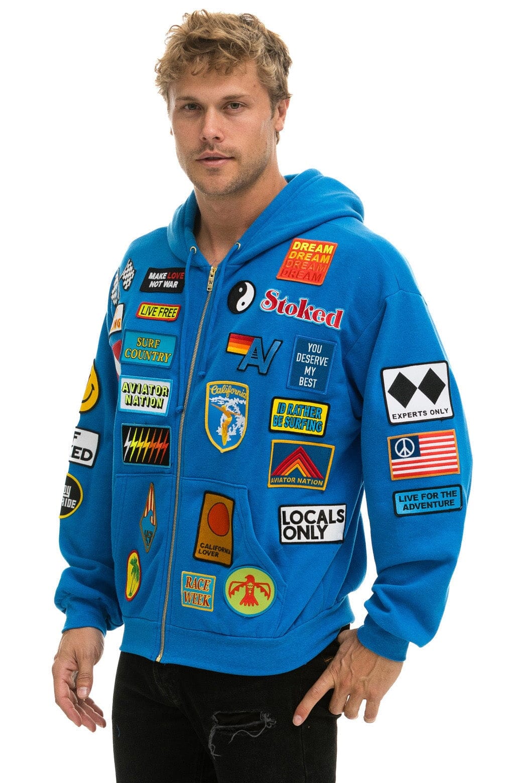 Aviator Nation VINTAGE PATCH ZIP HOODIE RELAXED - OCEAN