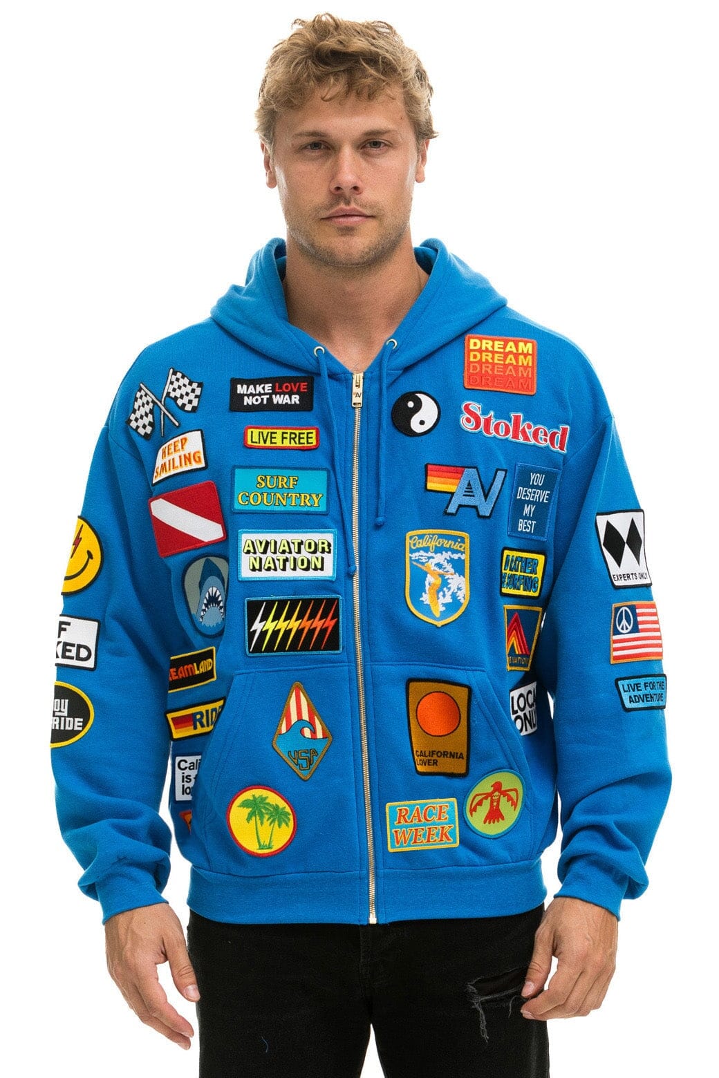 Aviator Nation VINTAGE PATCH ZIP HOODIE RELAXED - OCEAN