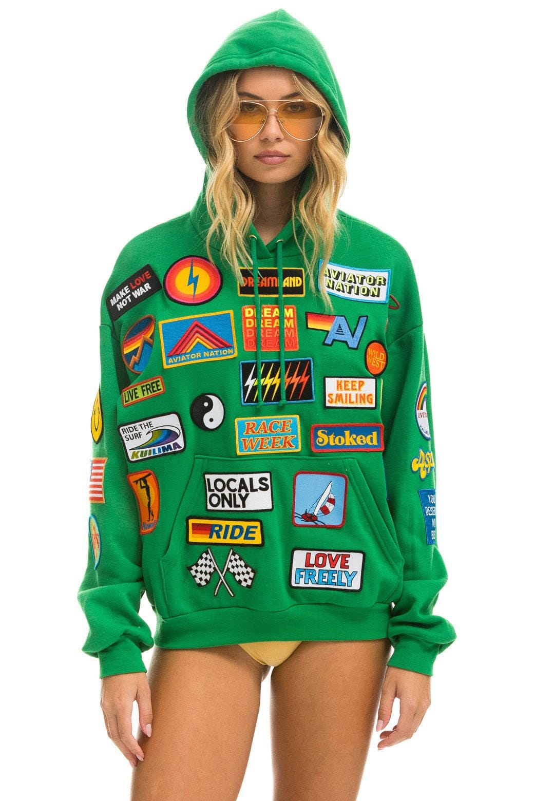 Aviator Nation VINTAGE PATCH RELAXED PULLOVER HOODIE- KELLY GREEN