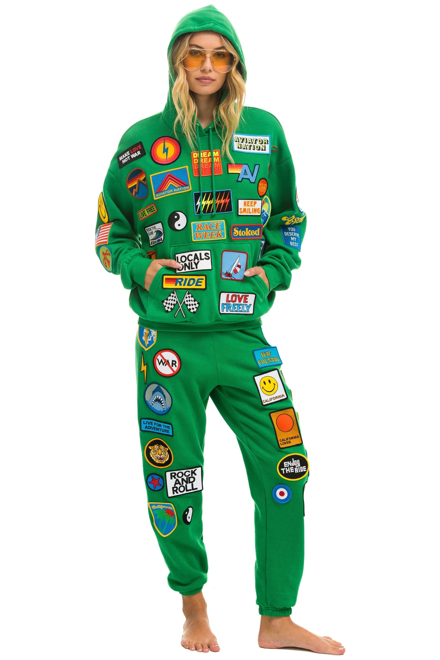 Aviator Nation VINTAGE PATCH RELAXED PULLOVER HOODIE- KELLY GREEN