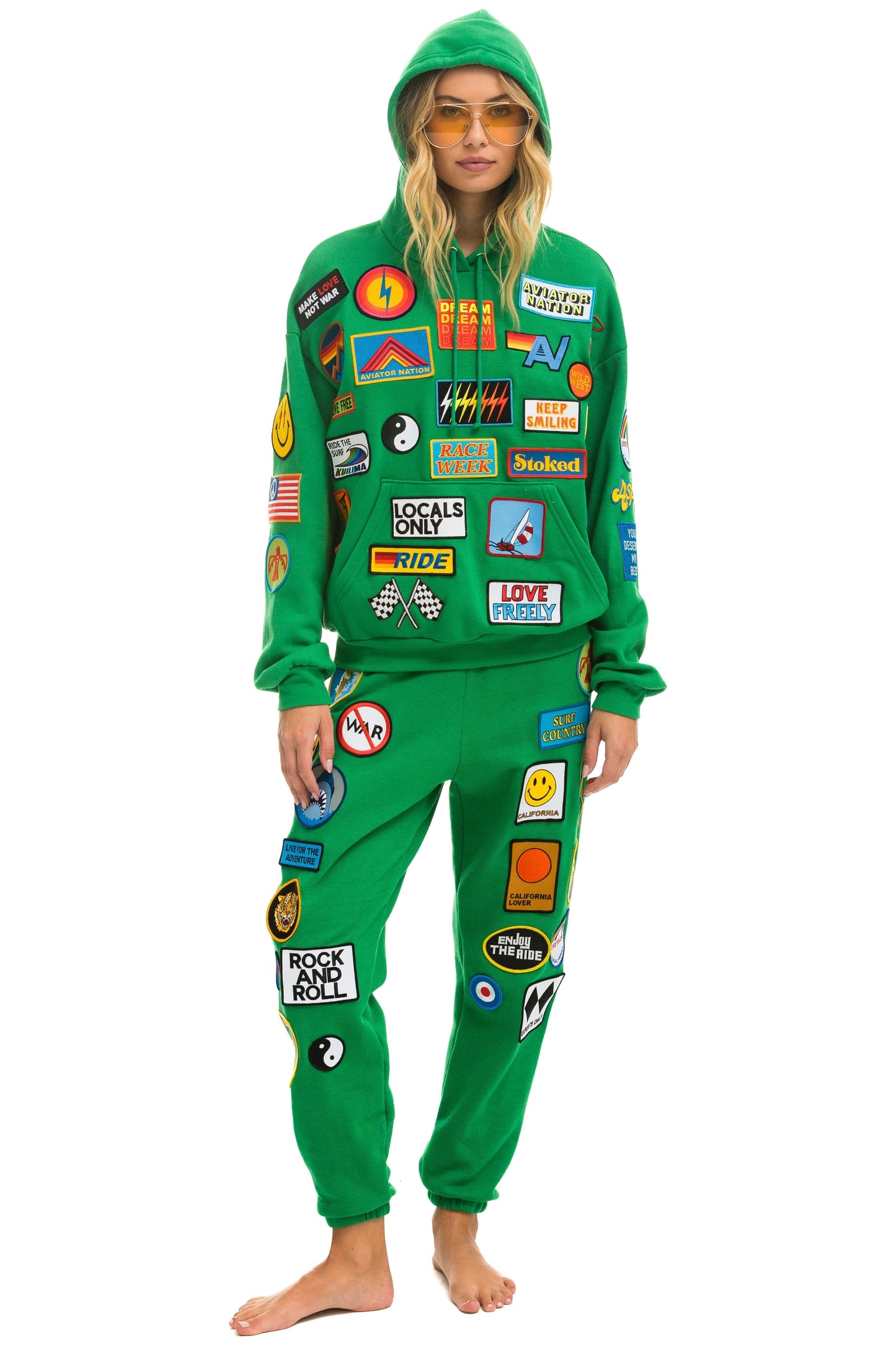 Aviator Nation VINTAGE PATCH RELAXED PULLOVER HOODIE- KELLY GREEN