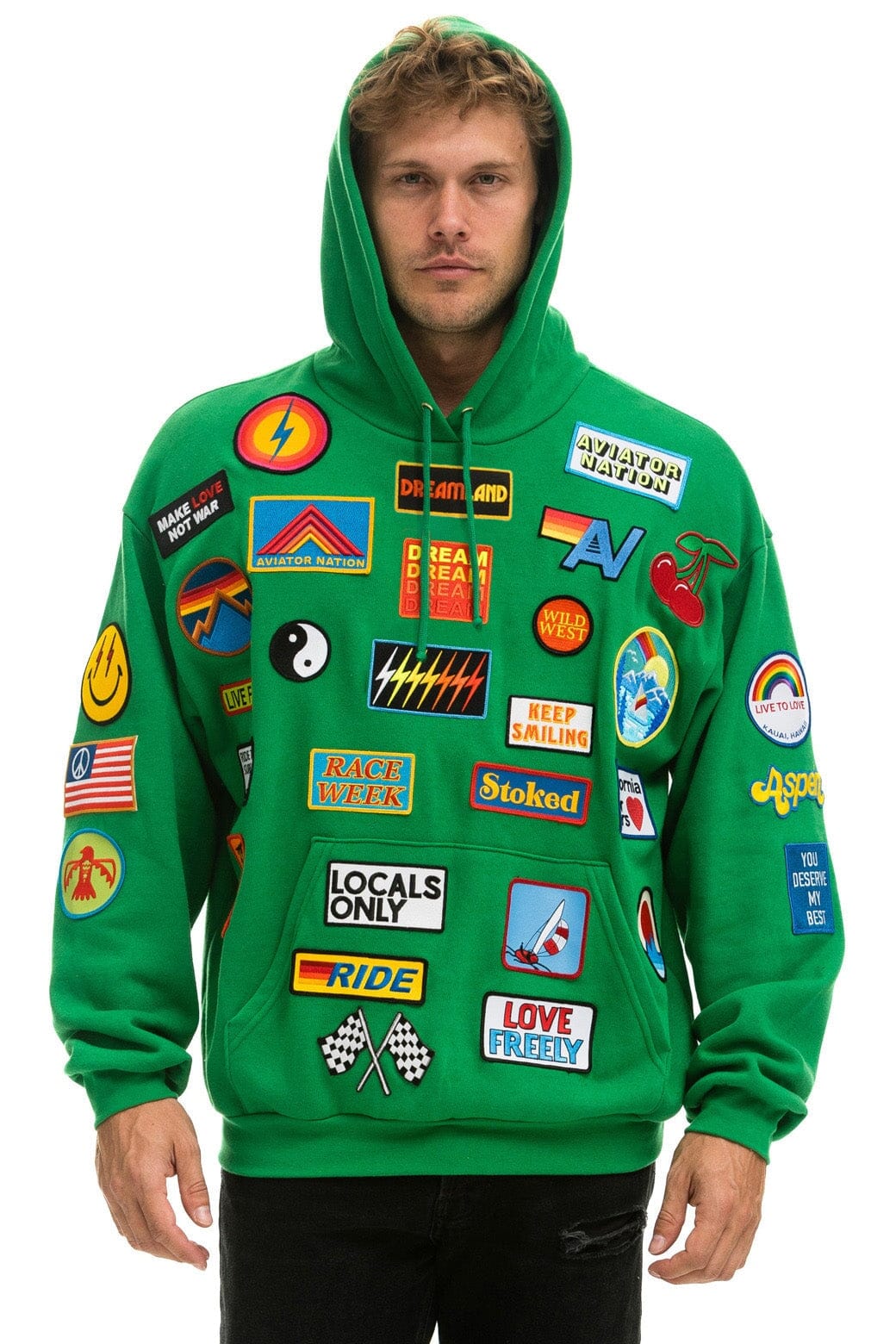 Aviator Nation VINTAGE PATCH RELAXED PULLOVER HOODIE- KELLY GREEN