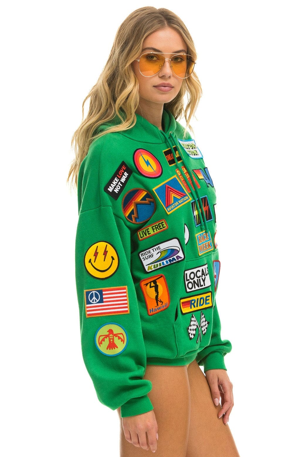 Aviator Nation VINTAGE PATCH RELAXED PULLOVER HOODIE- KELLY GREEN