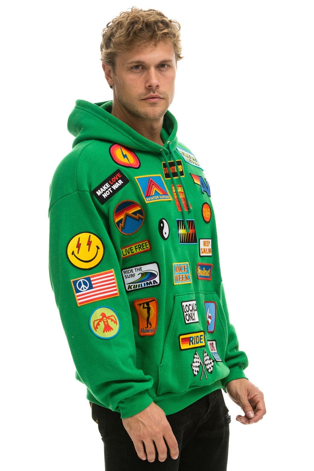 Aviator Nation VINTAGE PATCH RELAXED PULLOVER HOODIE- KELLY GREEN
