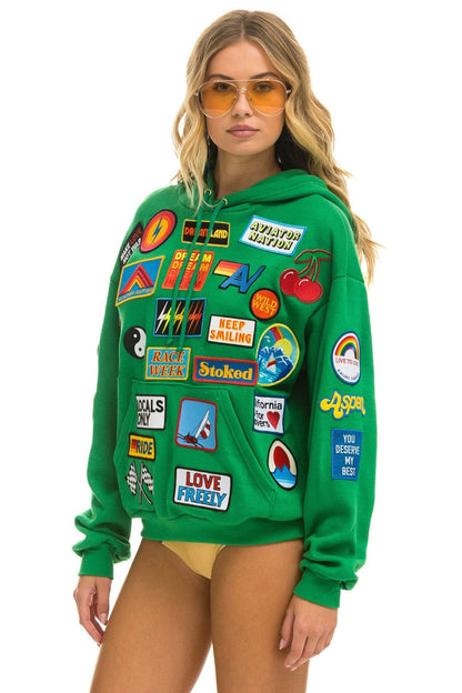 Aviator Nation VINTAGE PATCH RELAXED PULLOVER HOODIE- KELLY GREEN