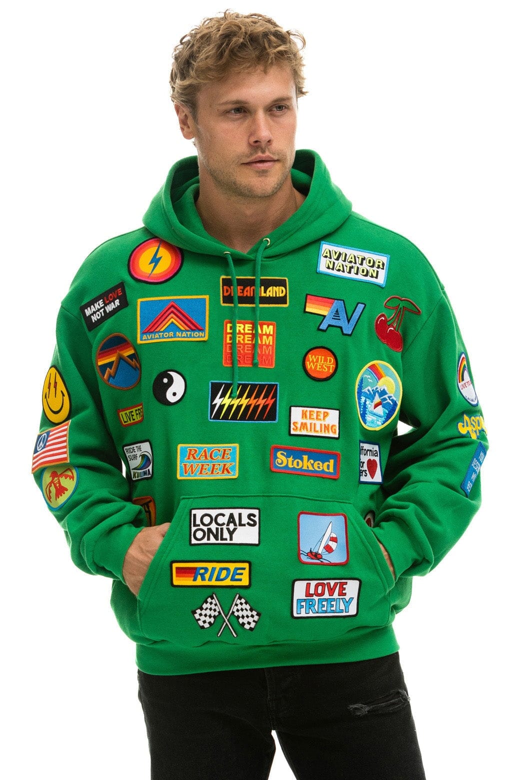 Aviator Nation VINTAGE PATCH RELAXED PULLOVER HOODIE- KELLY GREEN