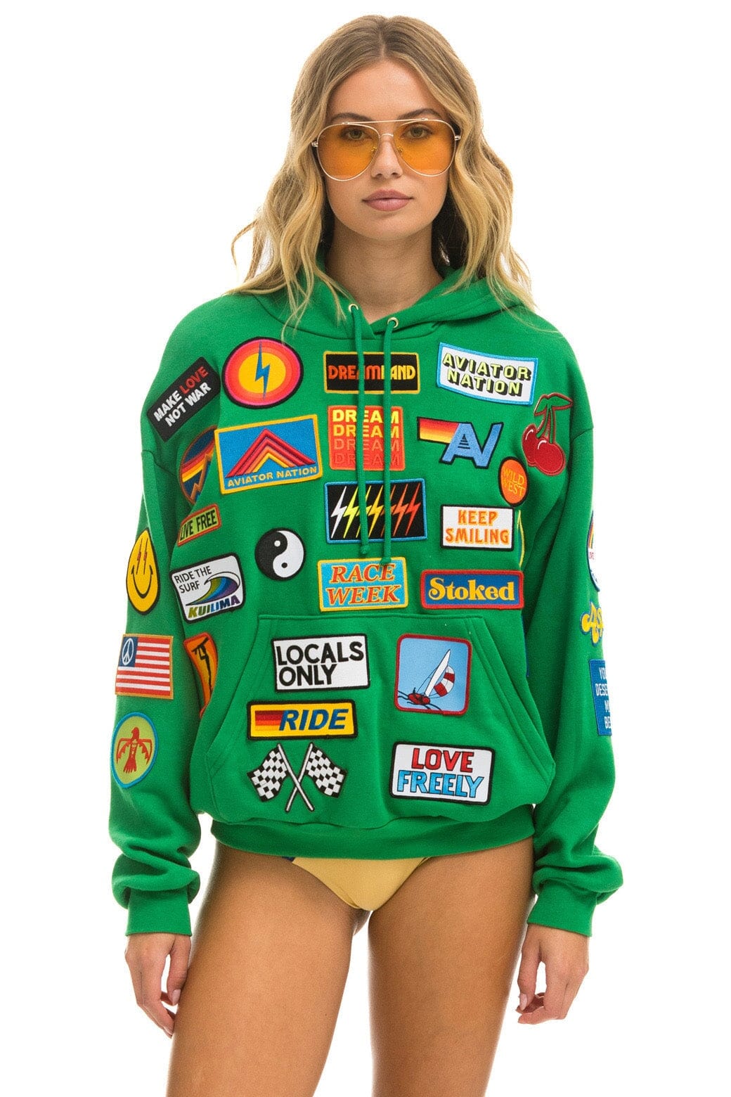 Aviator Nation VINTAGE PATCH RELAXED PULLOVER HOODIE- KELLY GREEN
