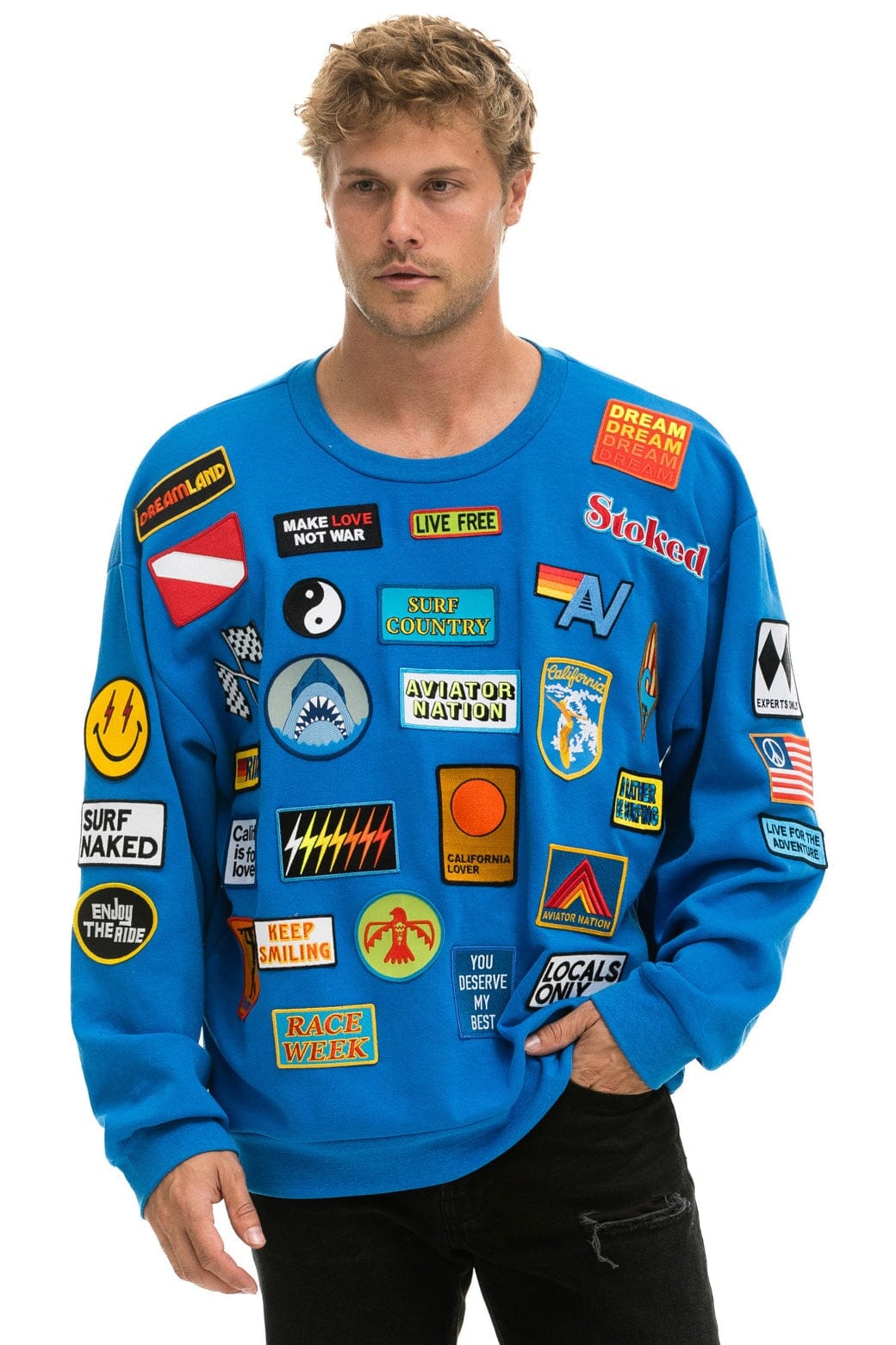 Aviator Nation VINTAGE PATCH RELAXED CREW SWEATSHIRT - OCEAN